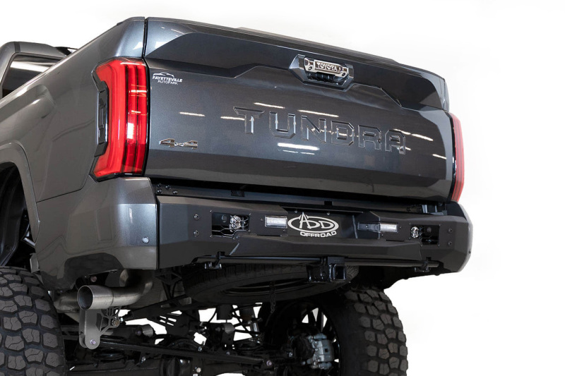Toyota Tundra Bumper - Rear - Addictive Desert Designs - Stealth Fighter - Hammered Black Powder Coat with Satin Black Aluminum Accent Panels - `22-`27 Toyota Tundra Bumper - Rear - Addictive Desert Designs - Stealth Fighter - Hammered Black Powder Coat with Satin Black Aluminum Accent Panels - `22-`27